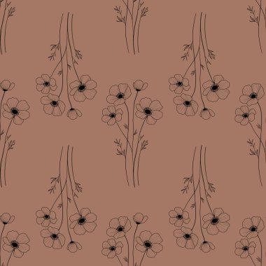 Seamless Pattern Anemone Elegant Flowers Outline Small Design on Mocha Mosses Background for Prints, Textiles, Packaging, Fabrics, and Wrapping Paper