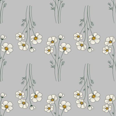 Kusursuz desenli Anemone Zarif Çiçekler Gri Arka planda Parmak izi, Tekstil, Paketleme, Kumaş ve Paketleme Kağıdı İçin Küçük Tasarım