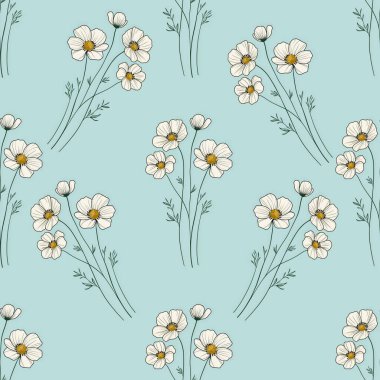 Seamless Pattern Anemone Big Design on Pastel Blue Background for Prints, Textiles, Packaging, Fabrics, and Wrapping Paper