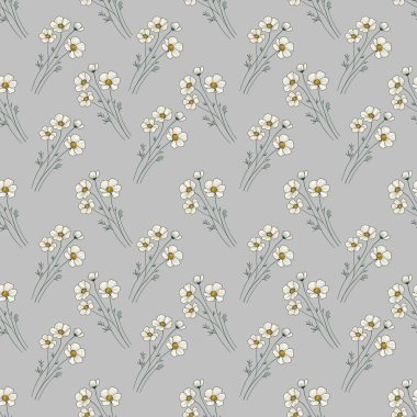 Parmak izi, Tekstil, Paketleme, Kumaş ve Ambalaj Kağıdı için Gri Arkaplanda Kusursuz Desen Anemone Küçük Zarif Tasarım