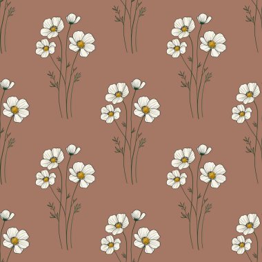 Seamless Pattern Anemone Flowers Small Design on Mocha Mosses Background for Prints, Textiles, Packaging, Fabrics, and Wrapping Paper