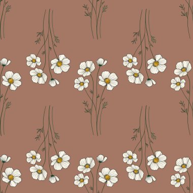 Seamless Pattern Anemone Elegant Flowers Small Design on Mocha Mosses Background for Prints, Textiles, Packaging, Fabrics, and Wrapping Paper