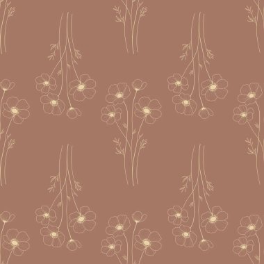 Kusursuz desensiz Beyaz Anemone Zarif Çiçekler Mocha Yosun Üzerinde Küçük Tasarım Parmak izi, Tekstil, Paketleme, Kumaşlar ve Ambalaj Kağıdı için Arkaplan