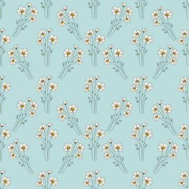 Parmak izi, Tekstil, Paketleme, Kumaş ve Ambalaj Kağıdı için Pastel Mavi Arkaplanda Kusursuz Desen Anemone Küçük Tasarımı