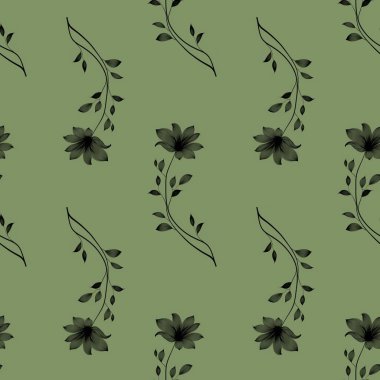 Kusursuz desensiz Siyah Çiçekler Pastel Yeşil Tasarım Parmak izi, Tekstil, Paketleme, Kumaş ve Ambalaj Kağıdı için