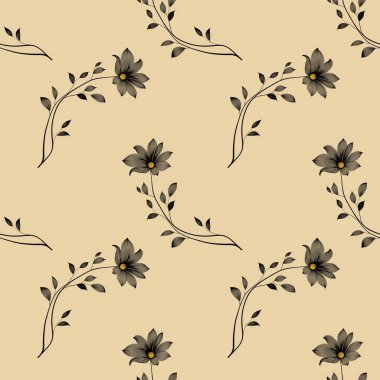 Parmak izi, tekstil, ambalaj, kumaş ve ambalaj kağıtları için Pastel Sarı Arkaplanda Kusursuz Desenli Çiçekler Küçük Tasarım