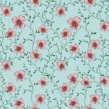 Parmak izi, Tekstil, Paketleme, Kumaş ve Ambalaj Kağıdı için Pastel Mavi Arkaplanda Kusursuz Pembe Çiçekler Büyük Tasarım