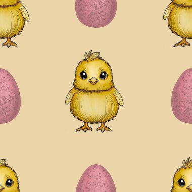 Seamless Pattern Cute Chick and Eggs Big Design on Yellow Background clipart