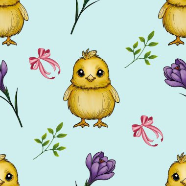 Seamless Pattern Cute Chick and Purple Crocuses with Leaves and Orange Bow Big Design on Blue Background clipart