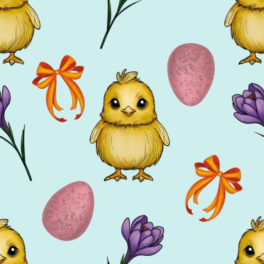 Seamless Pattern Cute Chick and Purple Crocuses with Leaves and Bow Big Design on Blue Background clipart