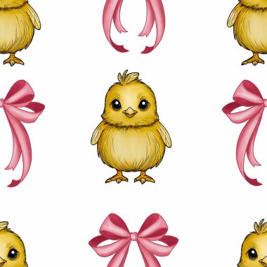 Seamless Pattern Cute Chick and Bow Big Design on White Background clipart