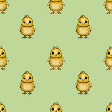 Kusursuz Şablon Yeşil Arkaplanda Şirin Piliç Küçük Tasarımı