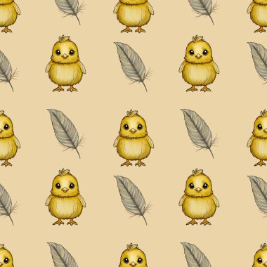 Kusursuz Desenli Şirin Piliç ve Tüylü Küçük Tasarım Sarı Arkaplanda