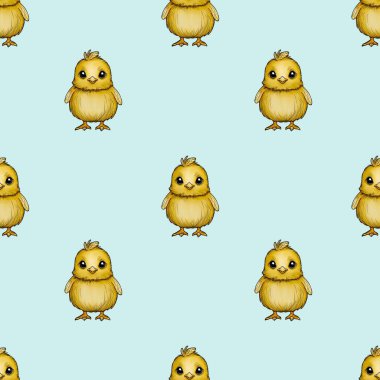 Kusursuz Desenli Şirin Piliç Mavi Arkaplanda Küçük Tasarım