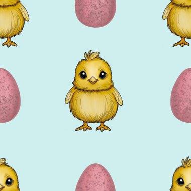 Seamless Pattern Cute Chick and Eggs Big Design on Blue Background clipart