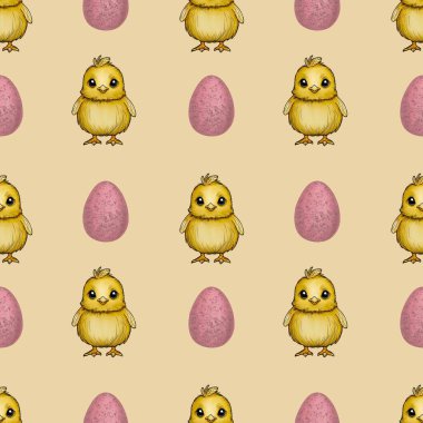 Kusursuz Desenli Şirin Piliç ve Sarı Arkaplanda Küçük Yumurta Tasarımı
