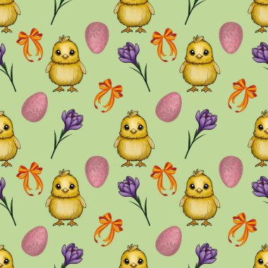 Seamless Pattern Cute Chick and Purple Crocuses with Leaves and Orange Bow Small Design on Green Background clipart