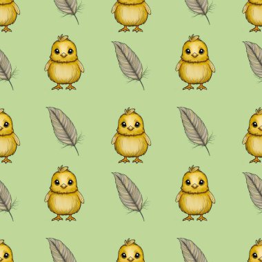 Kusursuz Desenli Şirin Piliç ve Tüylü Küçük Tasarım Yeşil Arkaplanda