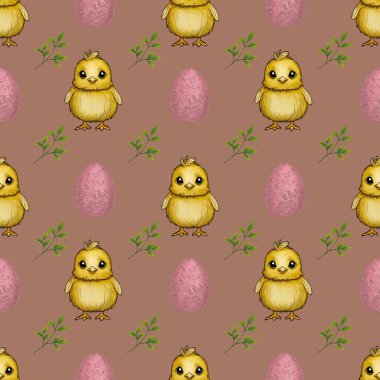 Kusursuz Desenli Şirin Piliç ve Mocha Mousses 'ın Küçük Tasarımı Arkaplanında Yapraklı Yumurta