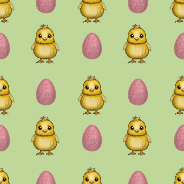 Kusursuz Desenli Şirin Piliç ve Yeşil Arkaplanda Küçük Yumurta Tasarımı