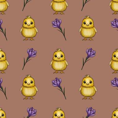 Kusursuz desenli Mor Crocus 'lu Şirin Piliç Mocha Mousses' ın Küçük Tasarımı Arkaplanı