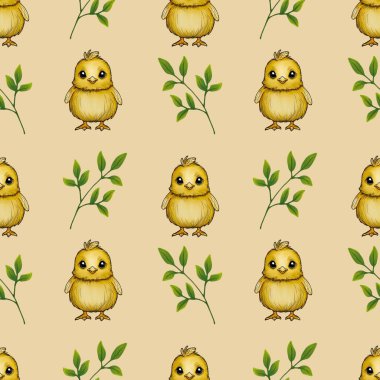 Seamless Pattern Cute Chick and Leaves Small Design on Yellow Background clipart