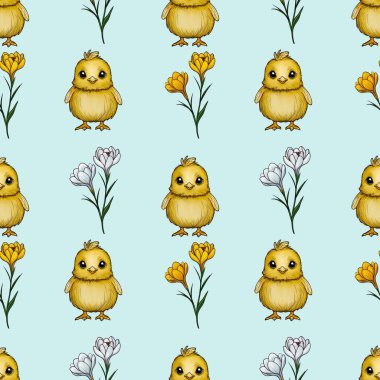 Kusursuz desenli Beyaz ve Sarı Crocus 'lu Şirin Piliç Mavi Arkaplanda Küçük Tasarım