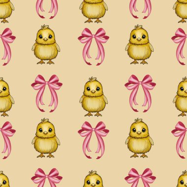 Seamless Pattern Cute Chick and Bow Small Design on Yellow Background clipart