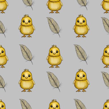 Kusursuz Desenli Şirin Piliç ve Tüylü Küçük Tasarım Gri Arkaplanda