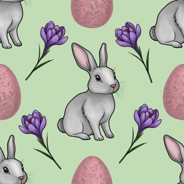 Pembe Yumurtalı Şirin Tavşan ve Kusursuz Şekil Pastel Yeşil Arkaplanda Büyük Tasarım