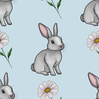 Papatyasız desenli Şirin Tavşan Pastel Mavi Arkaplanda Büyük Tasarım