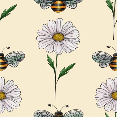 Daisy ve Arısız Desen Pastel Sarı Arkaplanda Büyük Tasarım