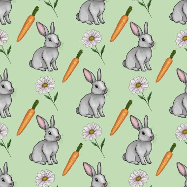 Daisy ve Havuç desenli Şirin Tavşan Pastel Yeşil Arkaplanda Küçük Tasarım