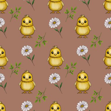 Daisy ile Şirin Piliç ve Kusursuz Kalıpsız Kalıpsız Mocha Yosun Arkaplanında Küçük Tasarım