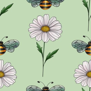 Papatya ve Arı Kusursuz Desen Pastel Yeşil Arkaplanda Büyük Tasarım