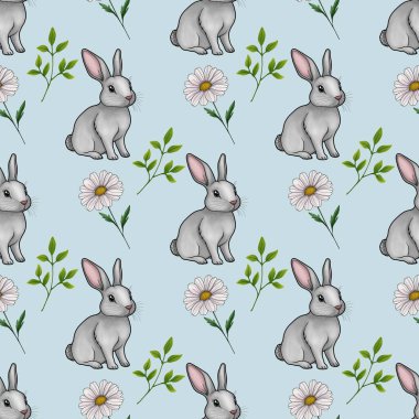 Daisy 'li Şirin Tavşan ve Tertemiz Kalıpsız Küçük Tasarım Pastel Mavi Arkaplanda