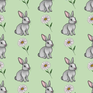 Papatya Desensiz Şekilli Şirin Tavşan Pastel Yeşil Arkaplanda Küçük Tasarım