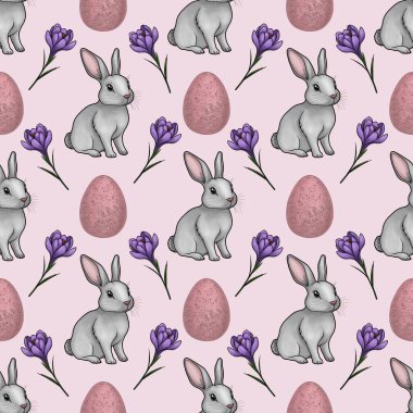 Pembe Yumurtalı Şirin Tavşan ve Kusursuz Şekilsiz Pastel Pembe Arkaplanda Küçük Tasarım