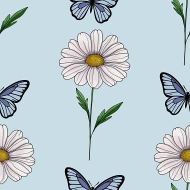 Papatya ve Kelebekler Kusursuz Desen Pastel Mavi Arkaplanda Büyük Tasarım
