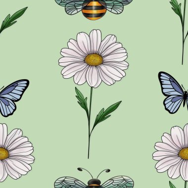 Papatya ve Kelebekler Arısız Desen Pastel Yeşil Arkaplanda Büyük Tasarım