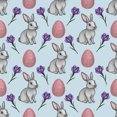 Pembe Yumurtalı Şirin Tavşan ve Kırmızısız Desen Pastel Mavi Arkaplanda Küçük Tasarım