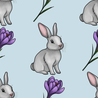 Crocus Desensiz Şekilli Şirin Tavşan Pastel Mavi Arkaplanda Büyük Tasarım