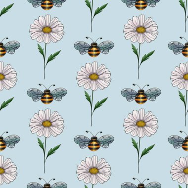 Papatya ve Arı Kusursuz Desen Pastel Mavi Arkaplan Üzerinde Küçük Tasarım