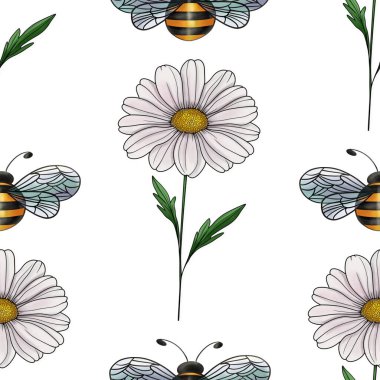 Daisy ve Arı Büyük Tasarım Beyaz Arkaplanda