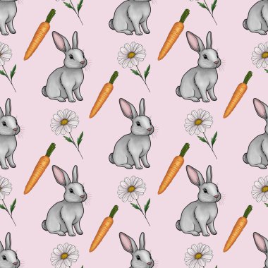 Daisy ve Havuç desenli Şirin Tavşan Pastel Pembe Arkaplanda Küçük Tasarım