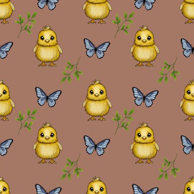 Kelebekli Şirin Piliç ve Tertemiz Kalıplar Mocha Yosun Arkaplanında Küçük Tasarım