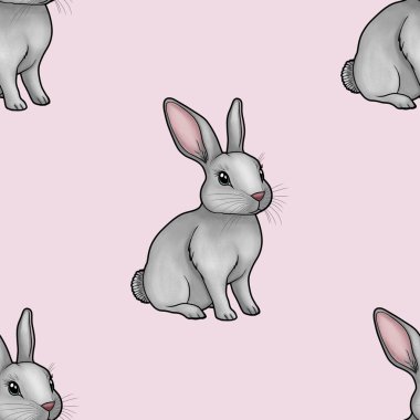 Şirin Tavşan Kusursuz Desen Pastel Pembe Arkaplanda Büyük Tasarım