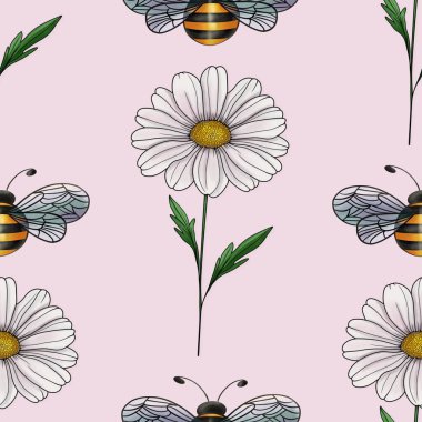 Papatya ve Arı Pastel Pembe Arkaplanda Büyük Tasarım