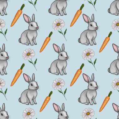 Daisy ve Havuç desenli Şirin Tavşan Pastel Mavi Arkaplanda Küçük Tasarım