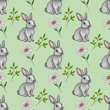 Daisy 'li Şirin Tavşan ve Tertemiz Kalıpsız Pastel Yeşil Arkaplanda Küçük Tasarım